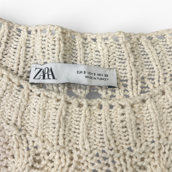 Zara Chunky Open Knit Crochet Cropped Long Sleeve Sweater Cream Size Small - Picture 4 of 8
